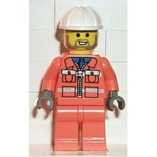 con001 Construction Worker - Orange Zipper Jacket, Safety Stripes, Orange Legs, White Construction Helmet